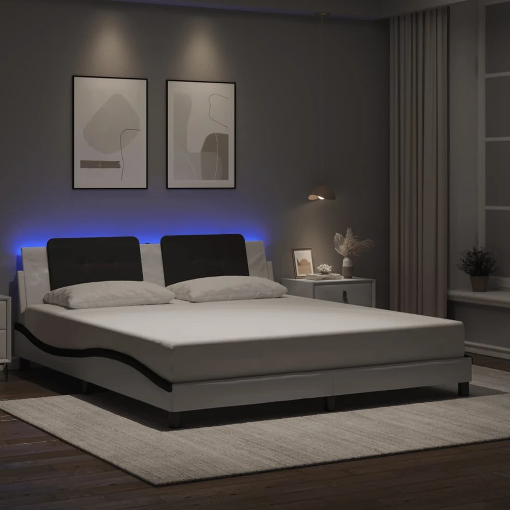 Lovos rėmas su LED, baltas ir juodas, 180x200cm, dirbtinė oda
