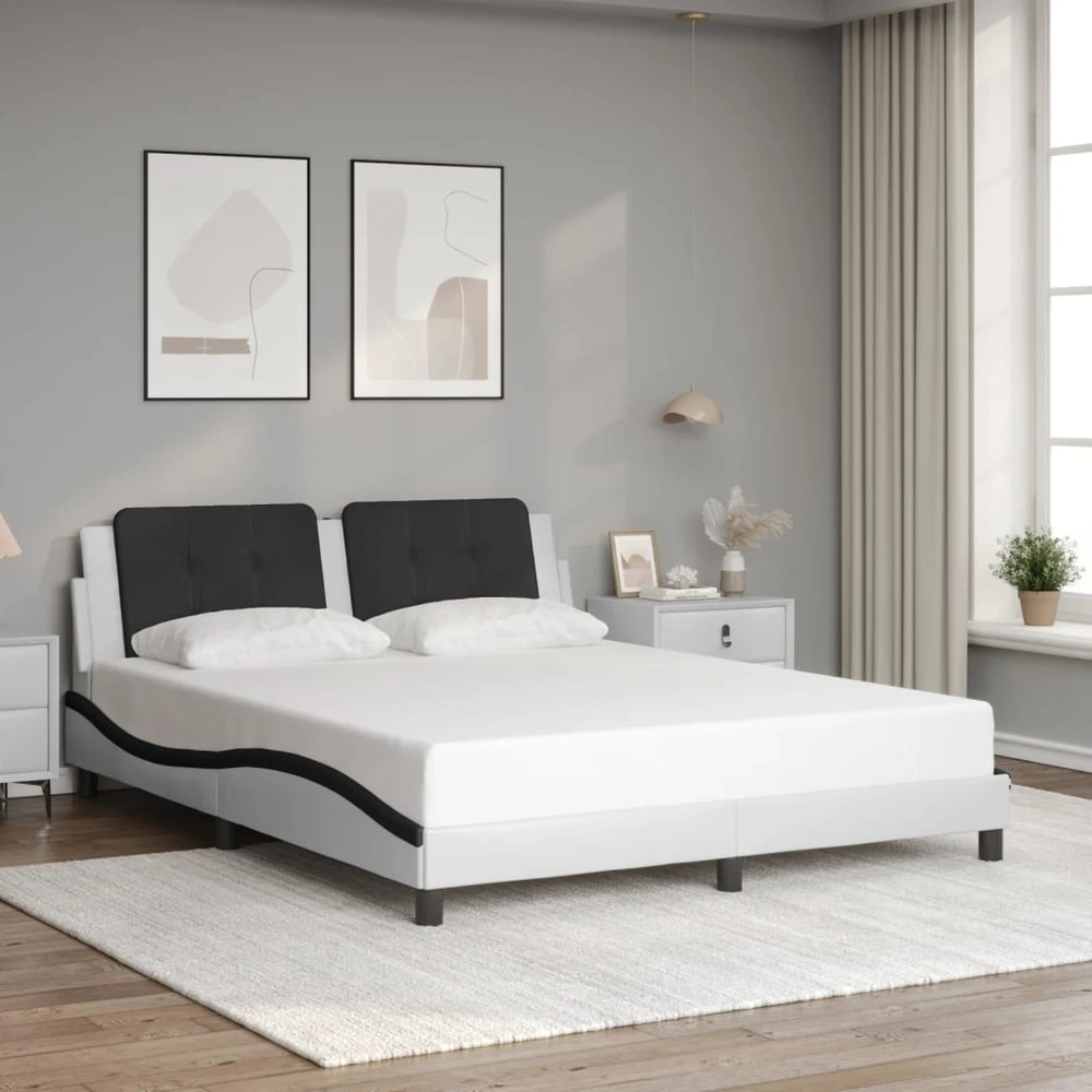 Lovos rėmas su LED, baltas ir juodas, 160x200cm, dirbtinė oda