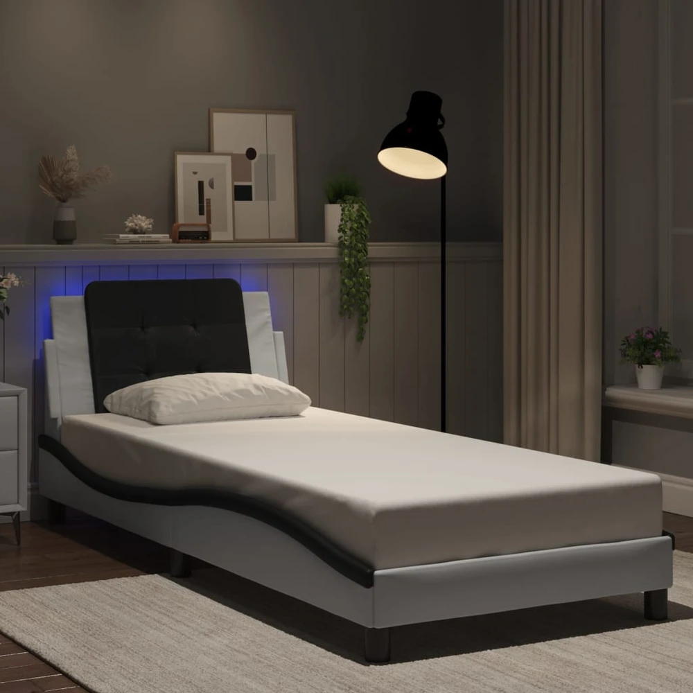 Lovos rėmas su LED, baltas ir juodas, 90x190cm, dirbtinė oda