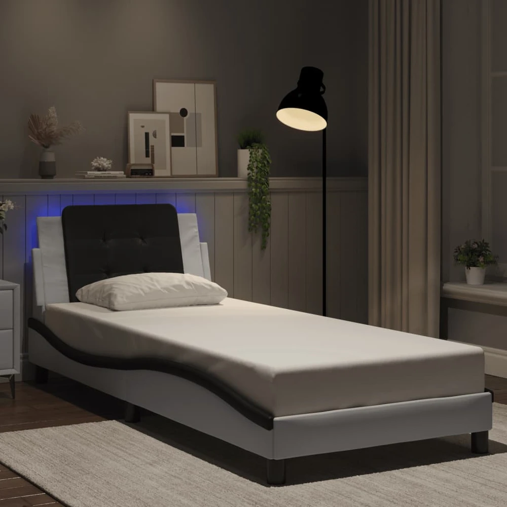 Lovos rėmas su LED, baltas ir juodas, 100x200cm, dirbtinė oda