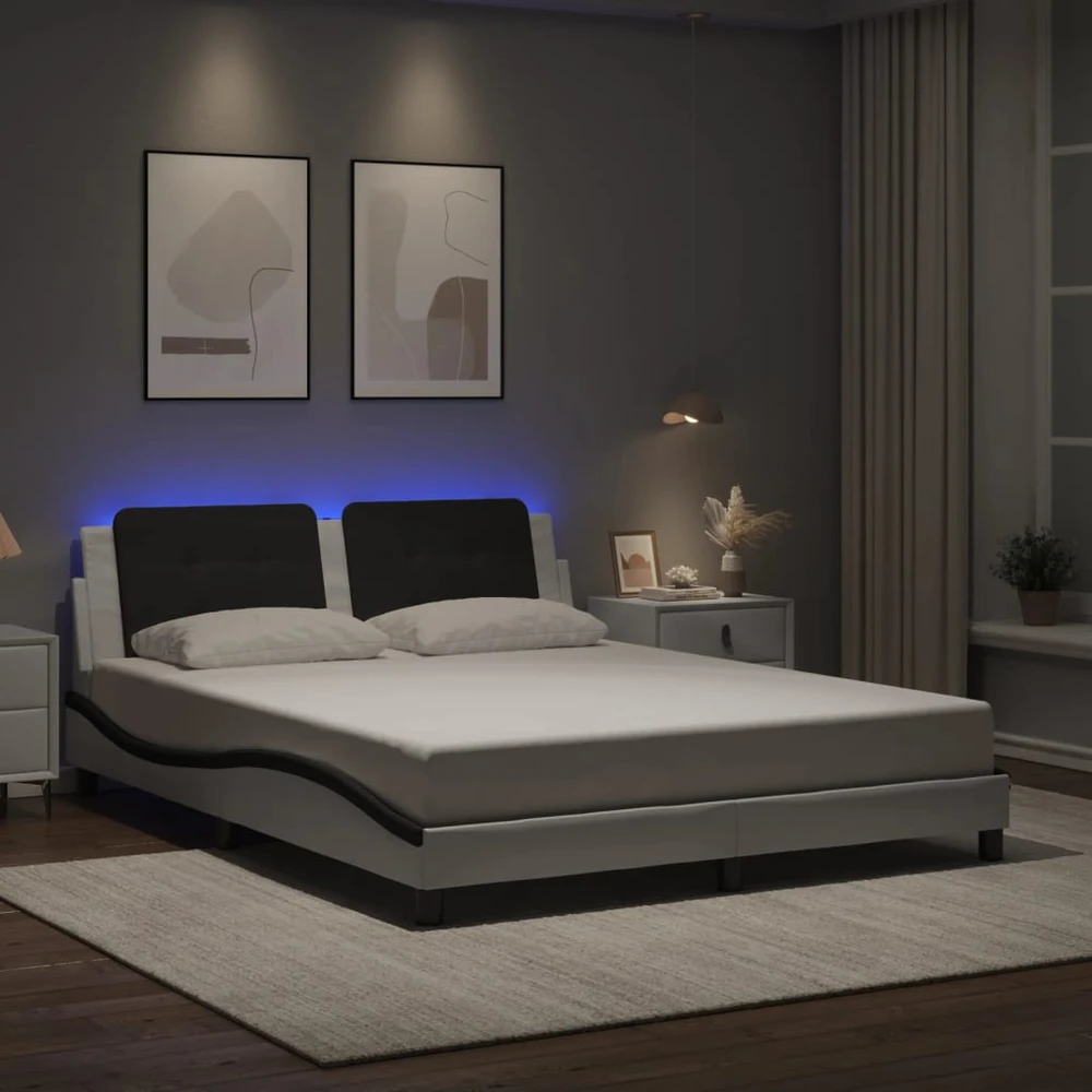 Lovos rėmas su LED, baltas ir juodas, 160x200cm, dirbtinė oda