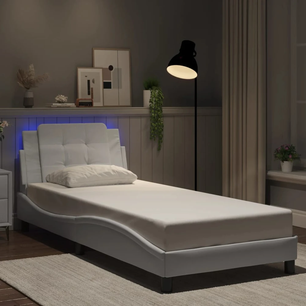 Lovos rėmas su LED, baltos spalvos, 80x200cm, dirbtinė oda