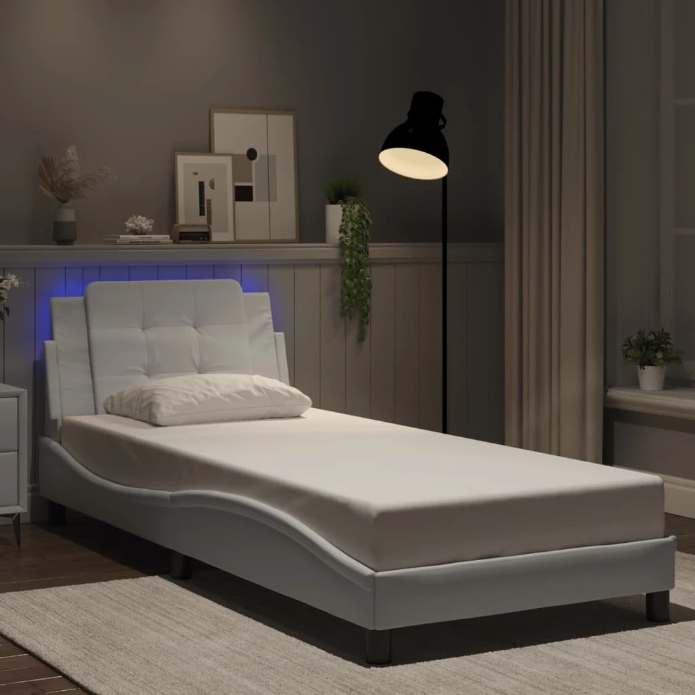 Lovos rėmas su LED, baltos spalvos, 90x200cm, dirbtinė oda