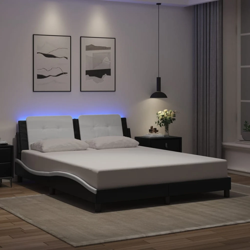 Lovos rėmas su LED, juodas ir baltas, 160x200cm, dirbtinė oda