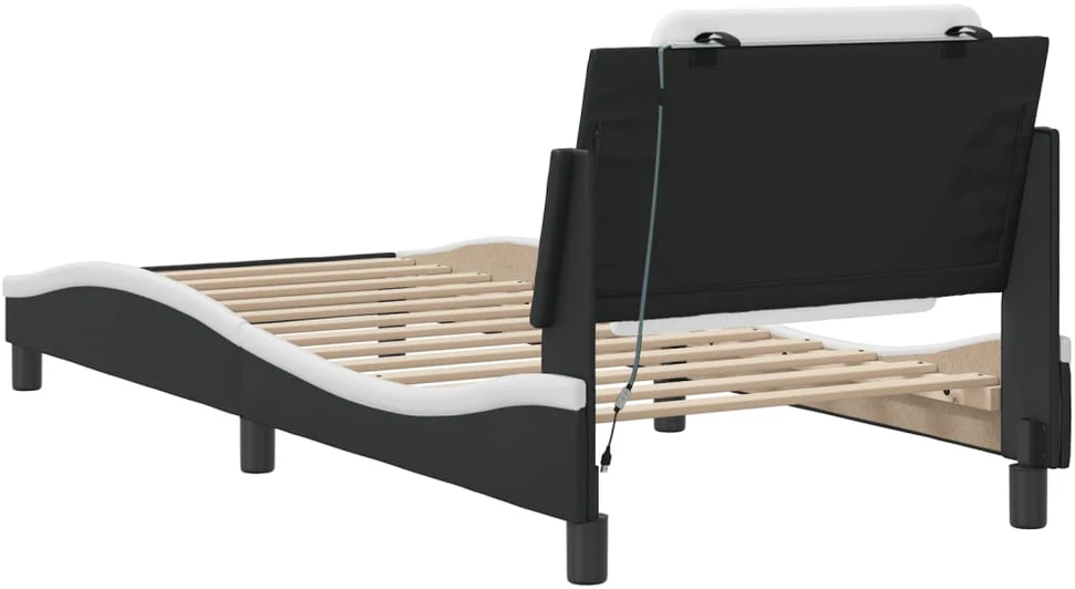 Lovos rėmas su LED, juodas ir baltas, 90x190cm, dirbtinė oda