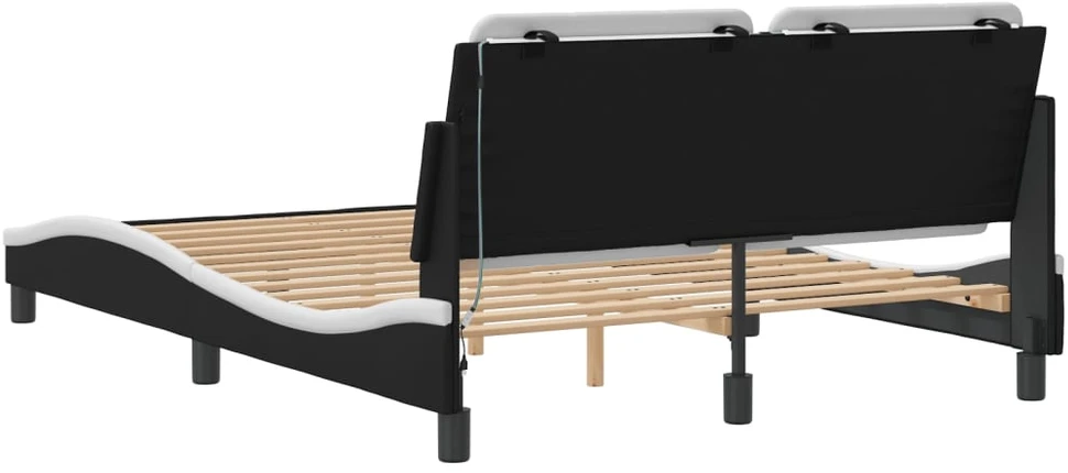 Lovos rėmas su LED, juodas ir baltas, 140x200cm, dirbtinė oda