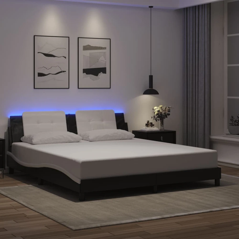 Lovos rėmas su LED, juodas ir baltas, 180x200cm, dirbtinė oda
