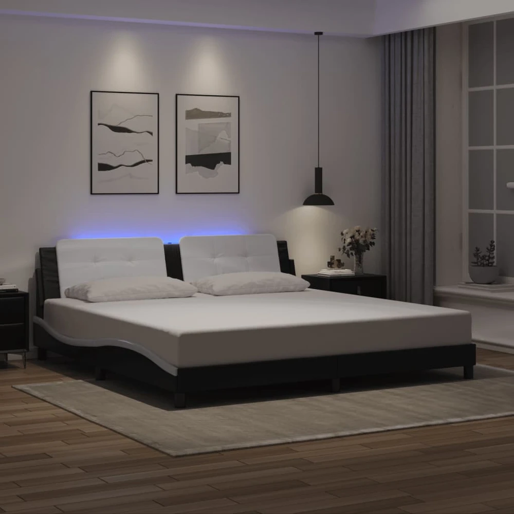Lovos rėmas su LED, juodas ir baltas, 200x200cm, dirbtinė oda
