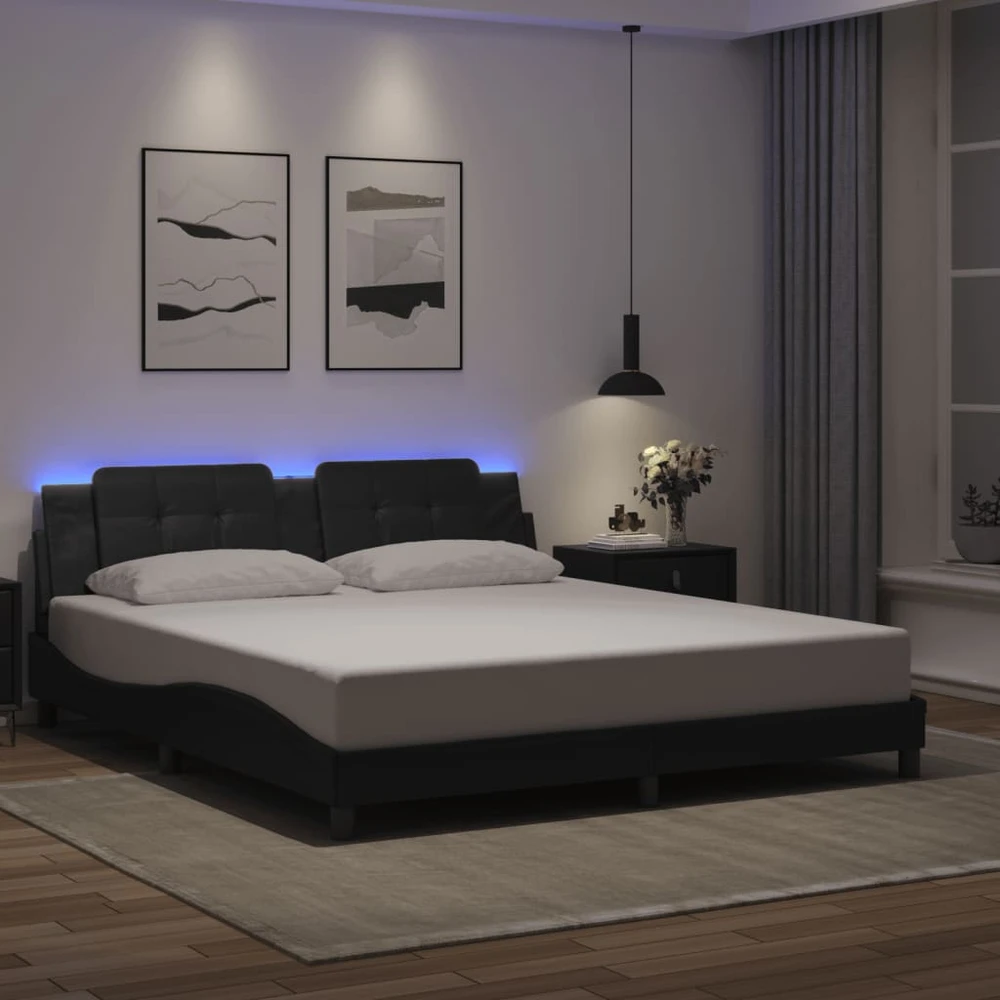 Lovos rėmas su LED, juodos spalvos, 180x200cm, dirbtinė oda