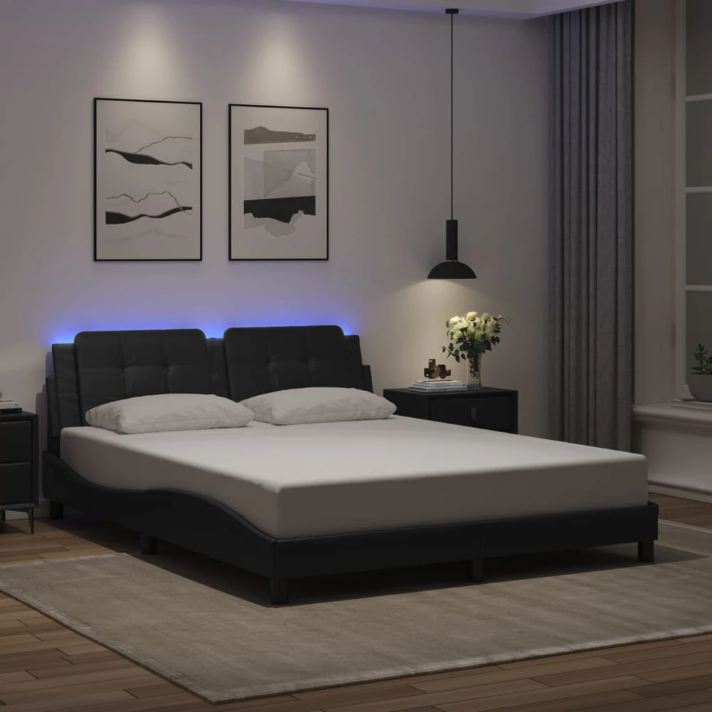 Lovos rėmas su LED, juodos spalvos, 160x200cm, dirbtinė oda
