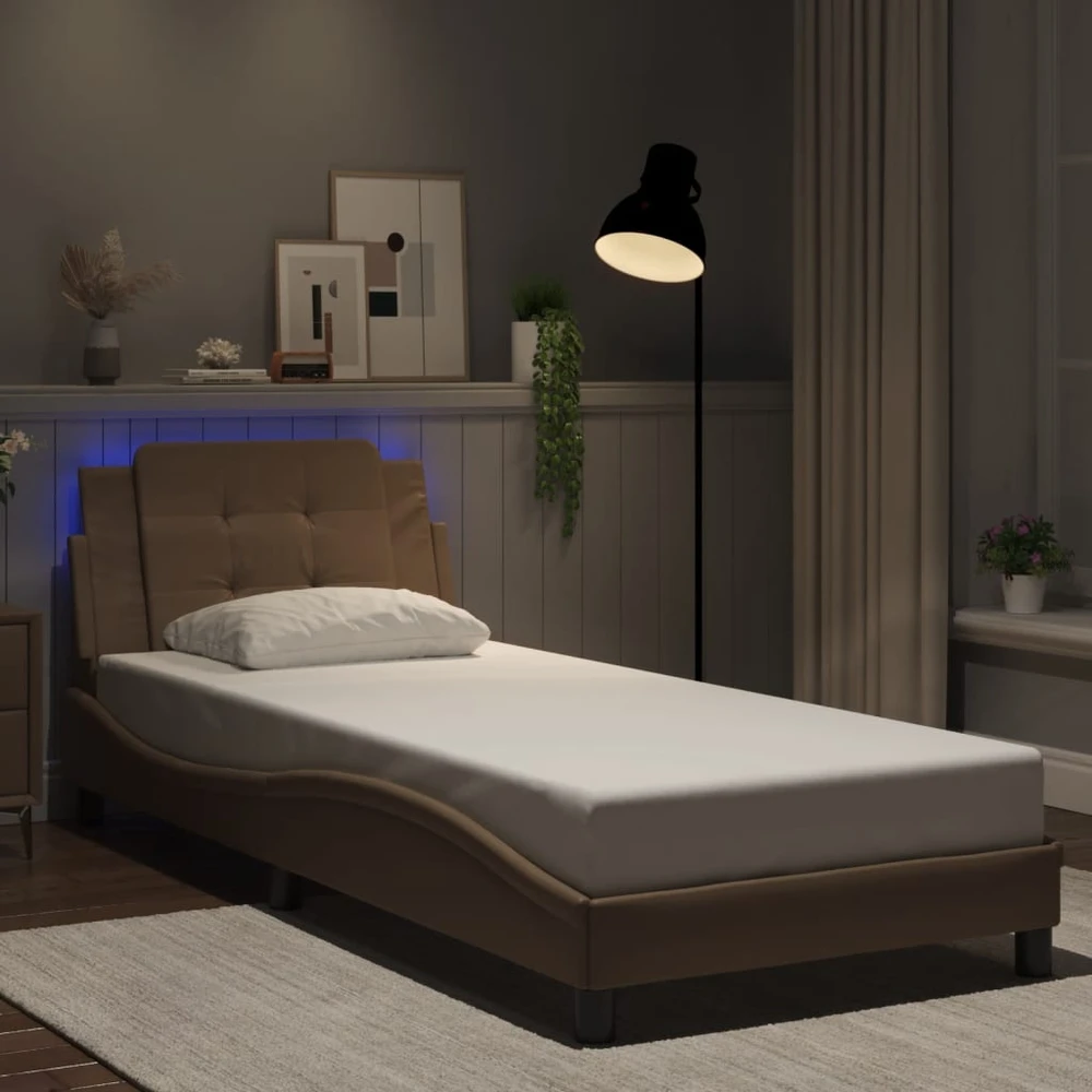 Lovos rėmas su LED, kapučino spalvos, 90x190cm, dirbtinė oda