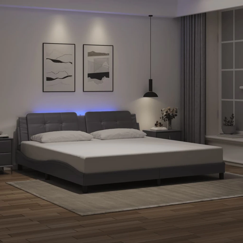 Lovos rėmas su LED, pilkos spalvos, 200x200cm, dirbtinė oda