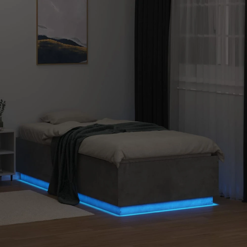 Lovos rėmas su LED, betono pilkas, 90x190cm, apdirbta mediena