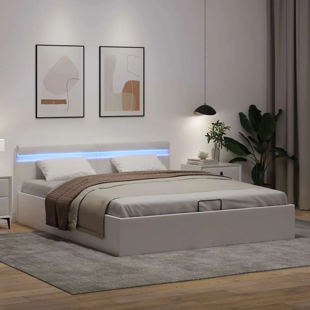 Lovos rėmas su LED/daiktadėže, baltas, 160x200cm, dirbtinė oda