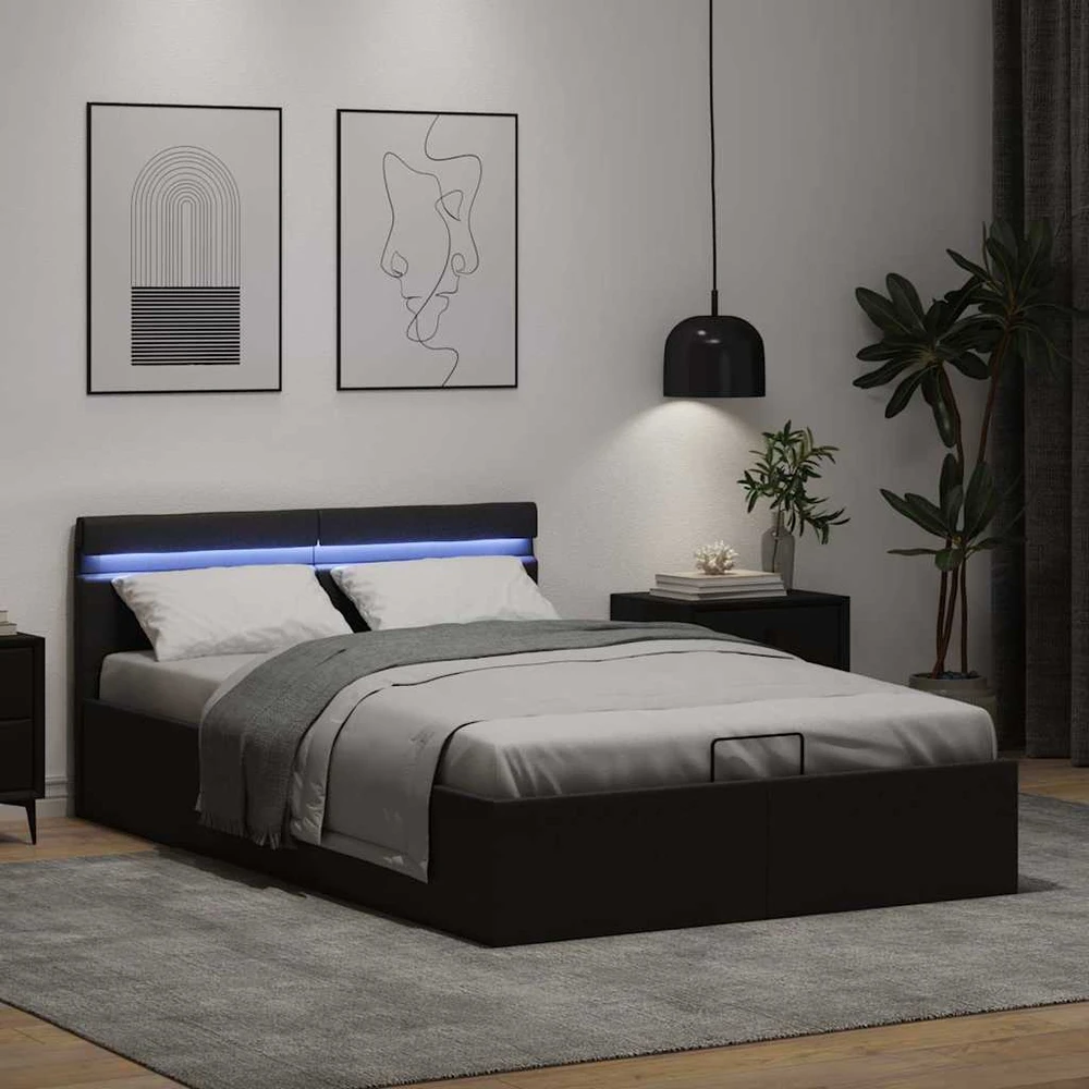 Lovos rėmas su LED/daiktadėže, juodas, 140x200cm, dirbtinė oda
