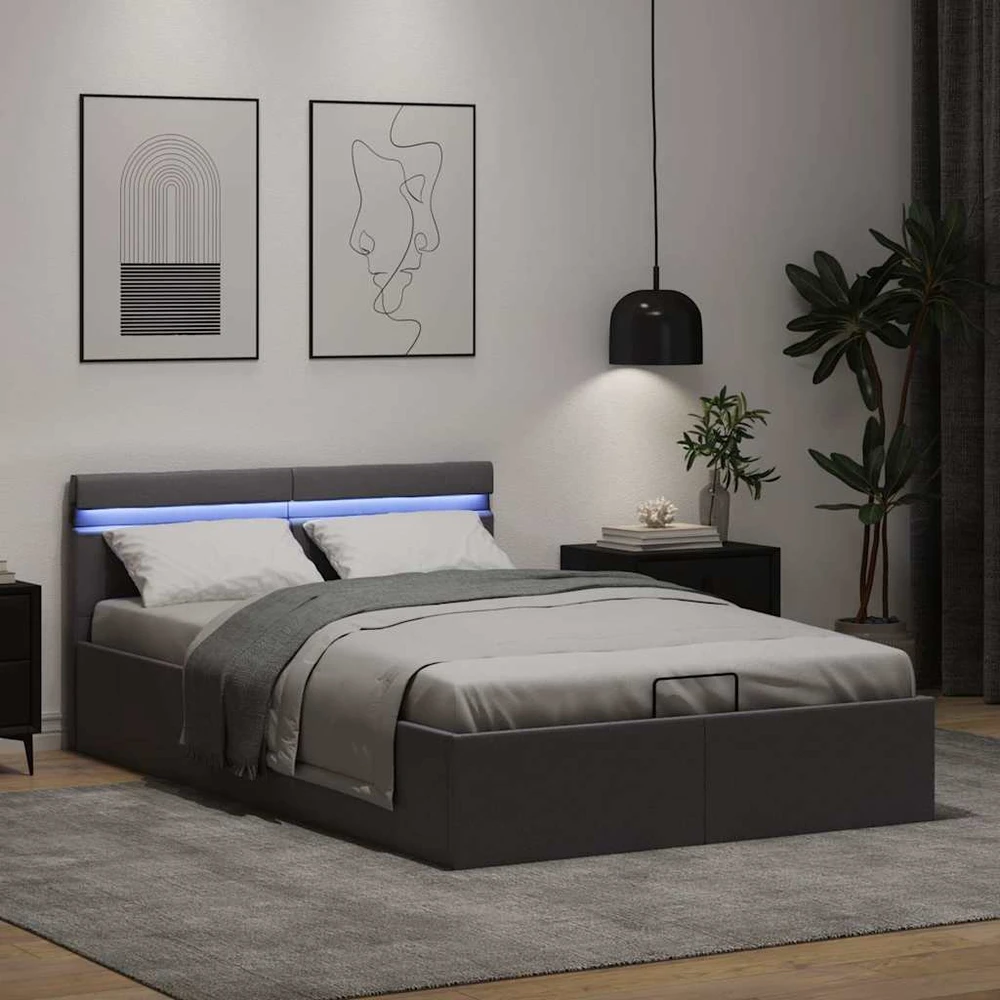 Lovos rėmas su LED/daiktadėže, pilkas, 140x200cm, dirbtinė oda