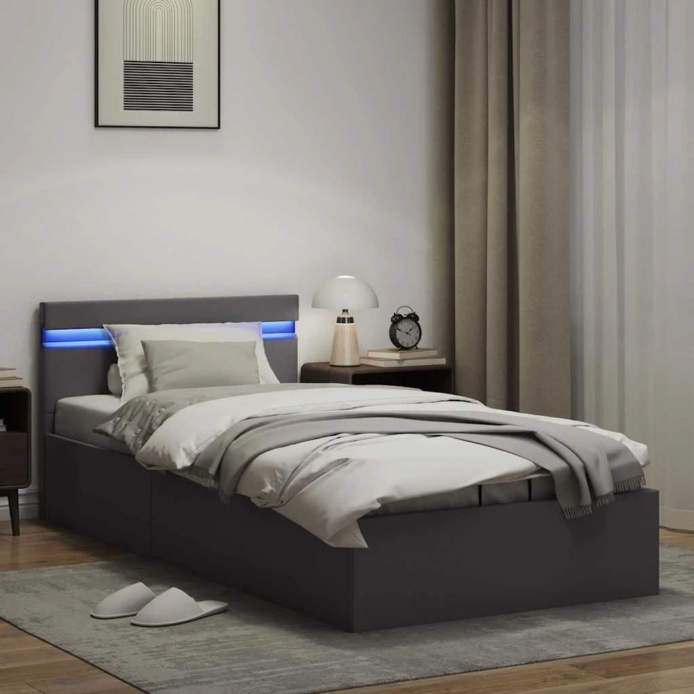 Lovos rėmas su LED/daiktadėže, pilkas, 90x200cm, dirbtinė oda