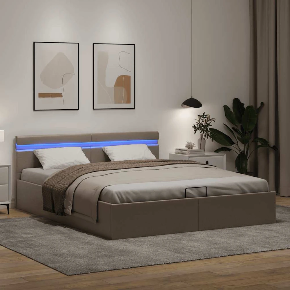 Lovos rėmas su LED/daiktadėže, rudas, 160x200cm, dirbtinė oda
