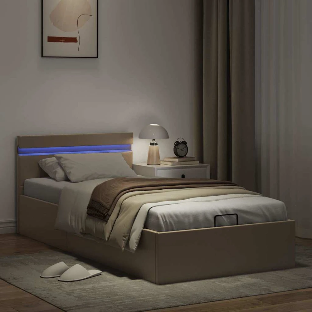 Lovos rėmas su LED/daiktadėže, rudas, 90x200cm, dirbtinė oda