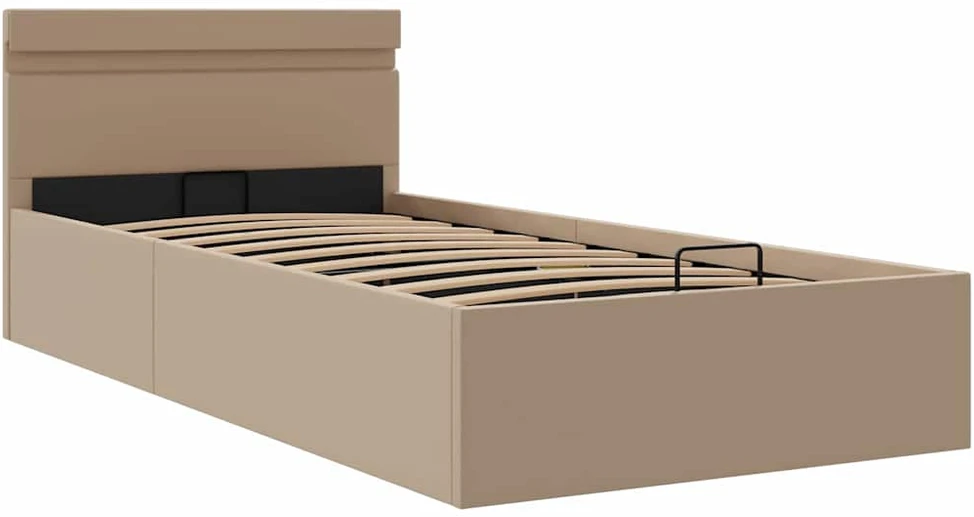 Lovos rėmas su LED/daiktadėže, rudas, 90x200cm, dirbtinė oda