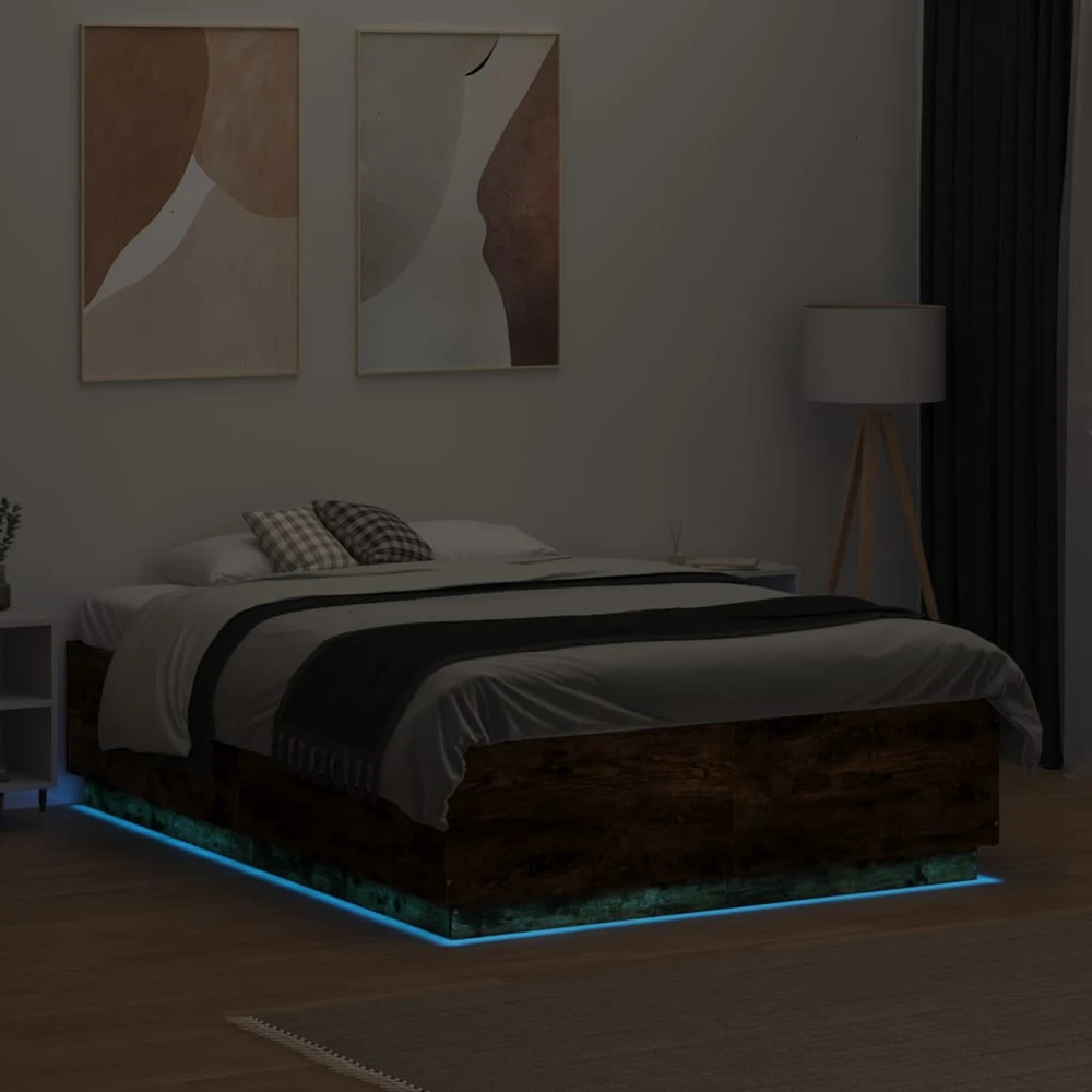 Lova Lovos rėmas su LED, dūminio ąžuolo, 135x190cm, apdirbta mediena