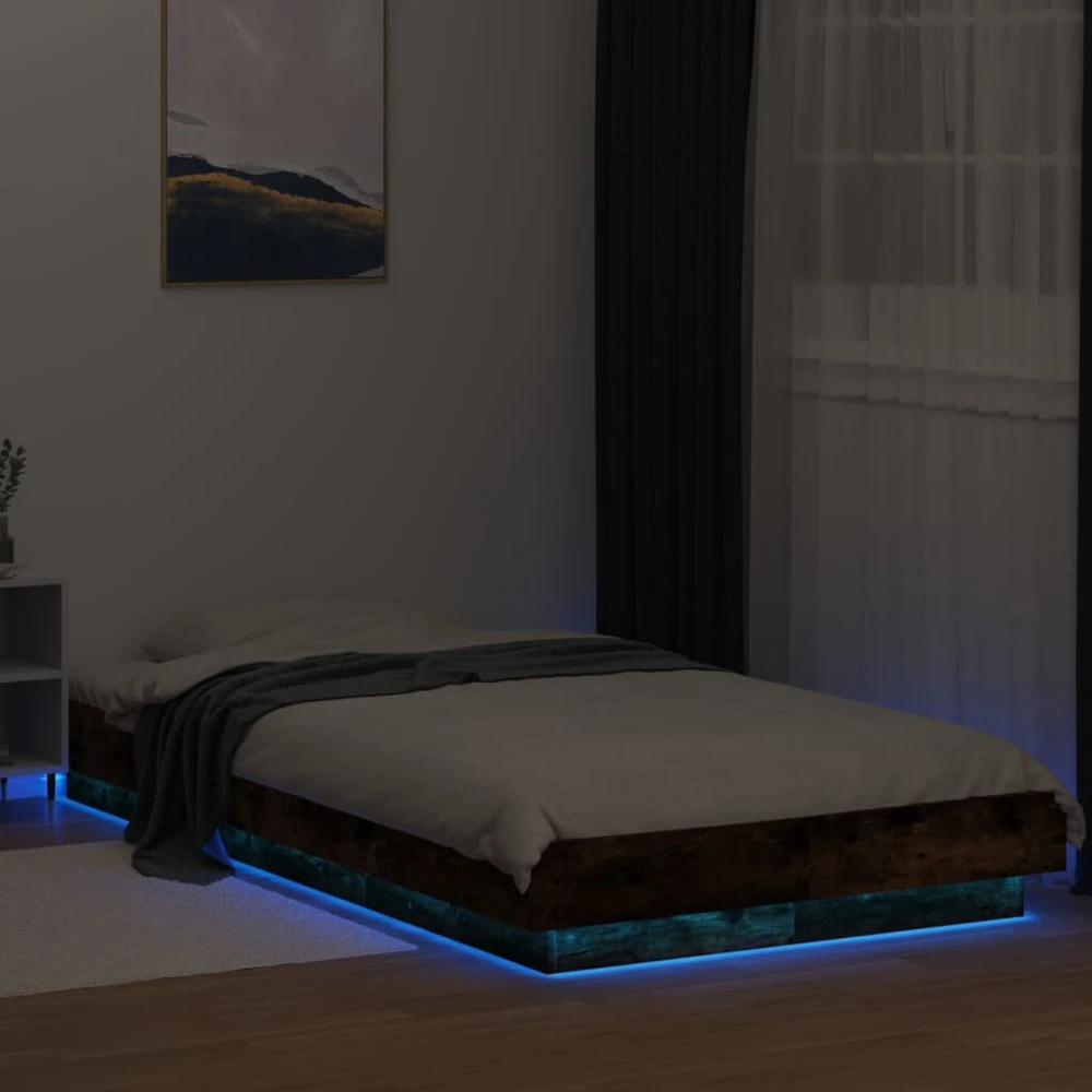 Lovos rėmas su LED, dūminio ąžuolo, 90x190cm, apdirbta mediena
