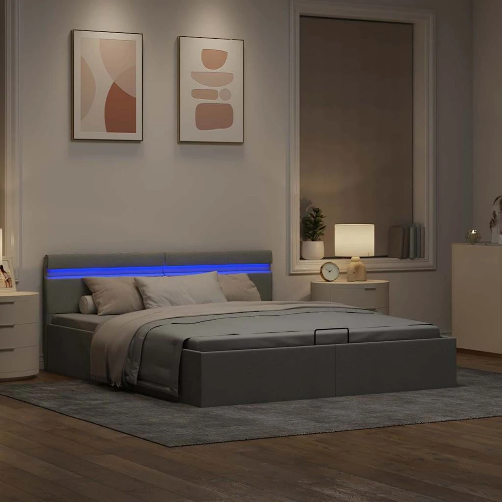 Lovos rėmas su LED ir daiktadėže, pilkas, 160x200cm, audinys