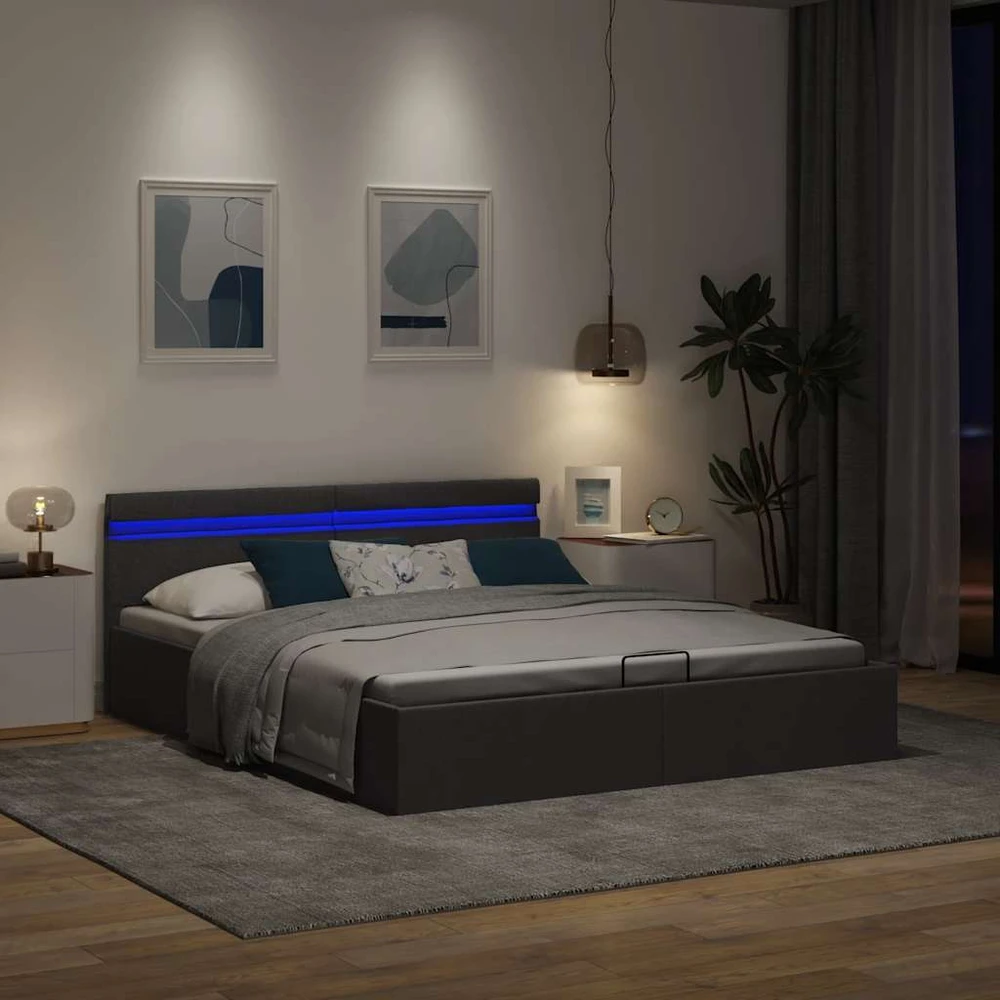 Lovos rėmas su LED ir daiktadėže, pilkas, 180x200cm, audinys