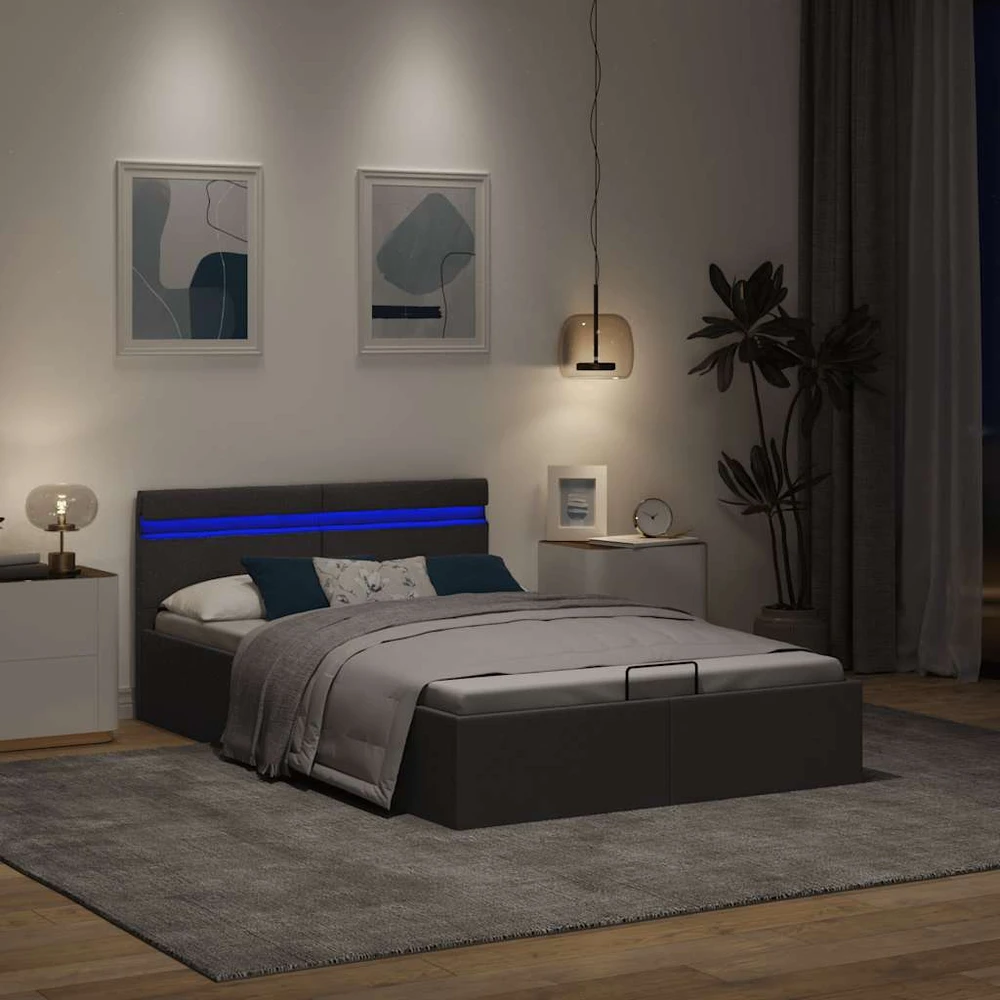 Lovos rėmas su LED ir daiktadėže, pilkas, 140x200cm, audinys