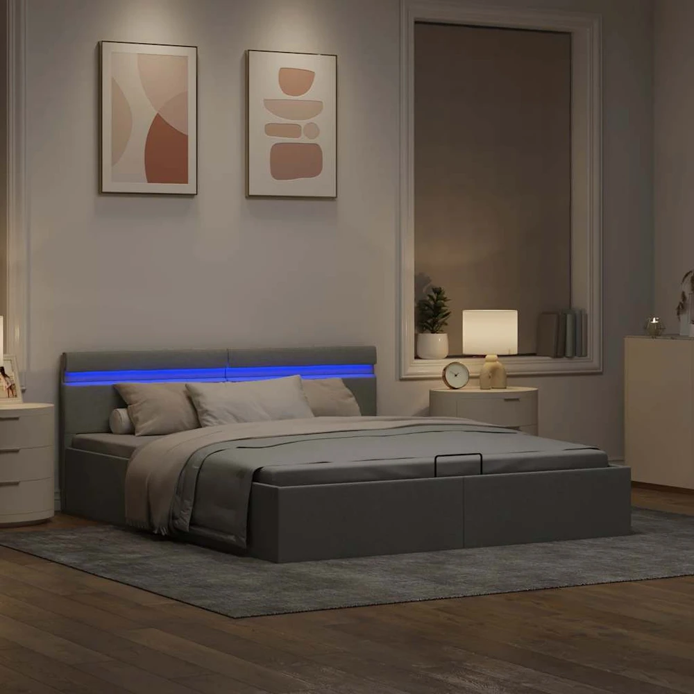 Lovos rėmas su LED ir daiktadėže, pilkas, 180x200cm, audinys