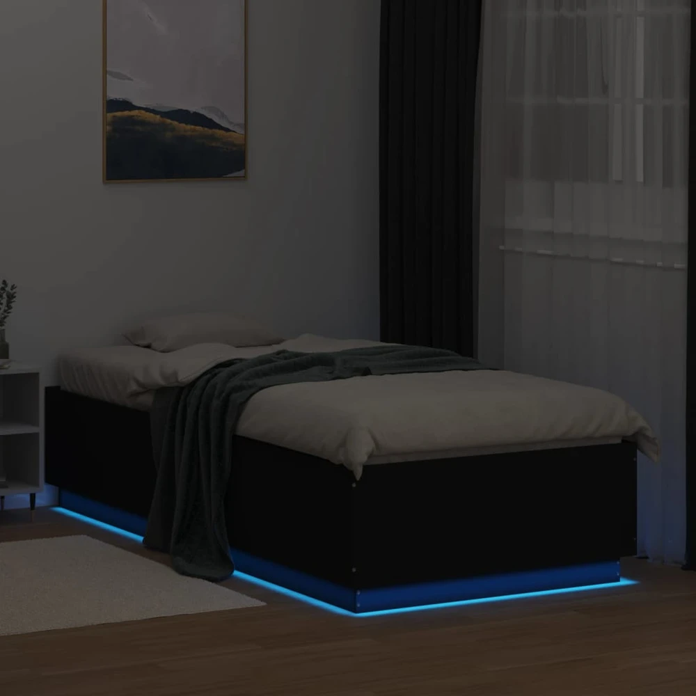 Lovos rėmas su LED, juodas, 90x200cm, apdirbta mediena