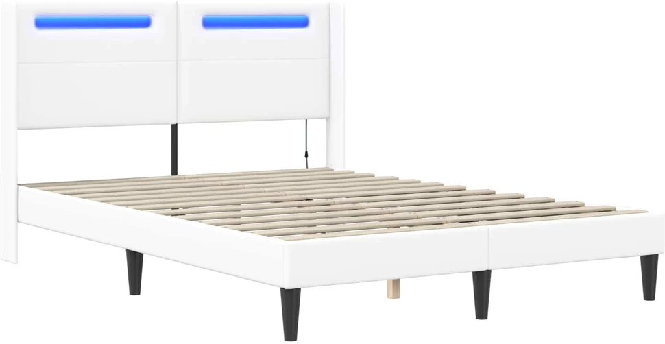 Lovos rėmas su LED juostelėmis Balta 140 x 190 cm Dirbtinė oda