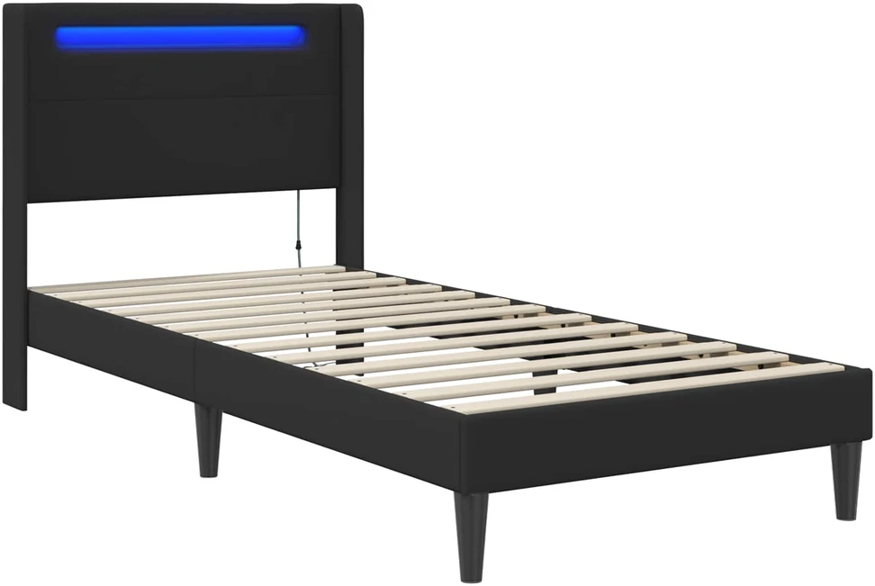 Lova Lovos rėmas su LED juostelėmis Juoda 90 x 190 cm Dirbtinė oda