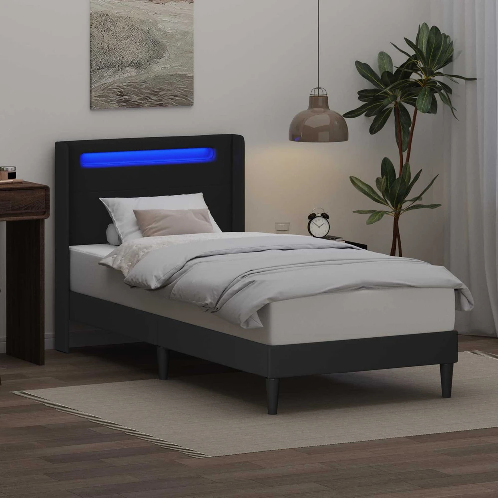 Lova Lovos rėmas su LED juostelėmis Juoda 90 x 190 cm Dirbtinė oda