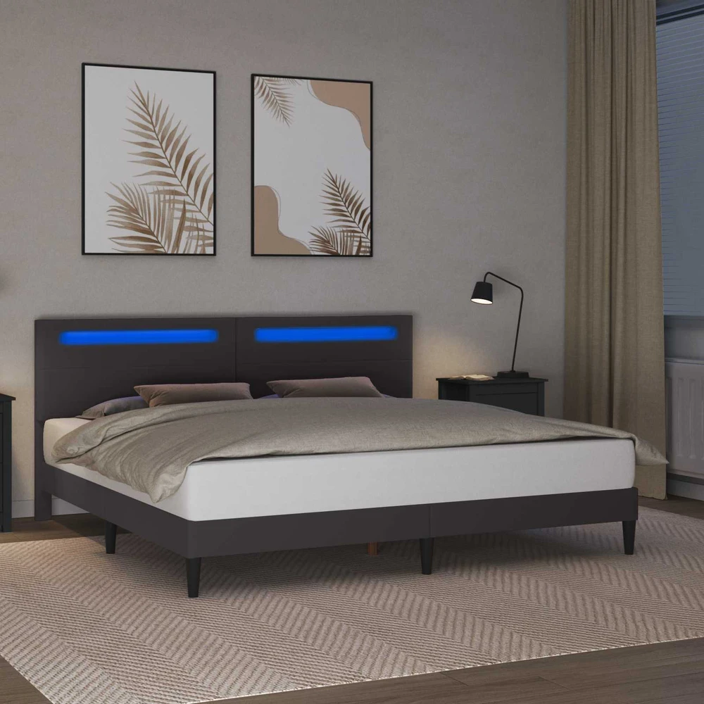 Lovos rėmas su LED juostelėmis Pilka 200 x 200 cm Dirbtinė oda