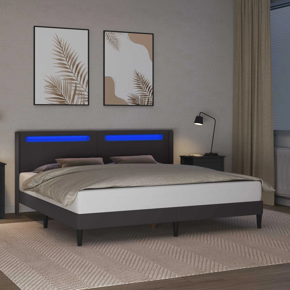 Lovos rėmas su LED juostelėmis Pilka 200 x 200 cm Dirbtinė oda
