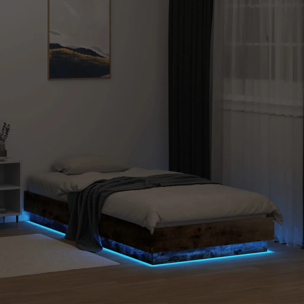 Lovos rėmas su LED lemputėmis, dūminio ąžuolo spalvos, 90x190cm