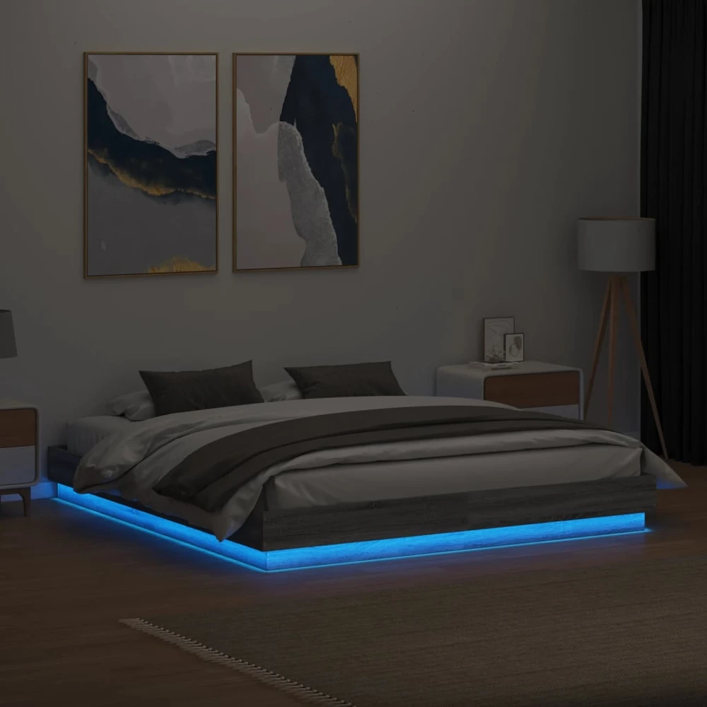 Lovos rėmas su LED lemputėmis, pilkos ąžuolo spalvos, 200x200cm