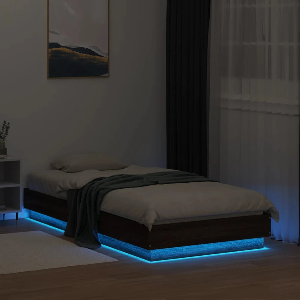 Lovos rėmas su LED lemputėmis, rudos ąžuolo spalvos, 90x190cm