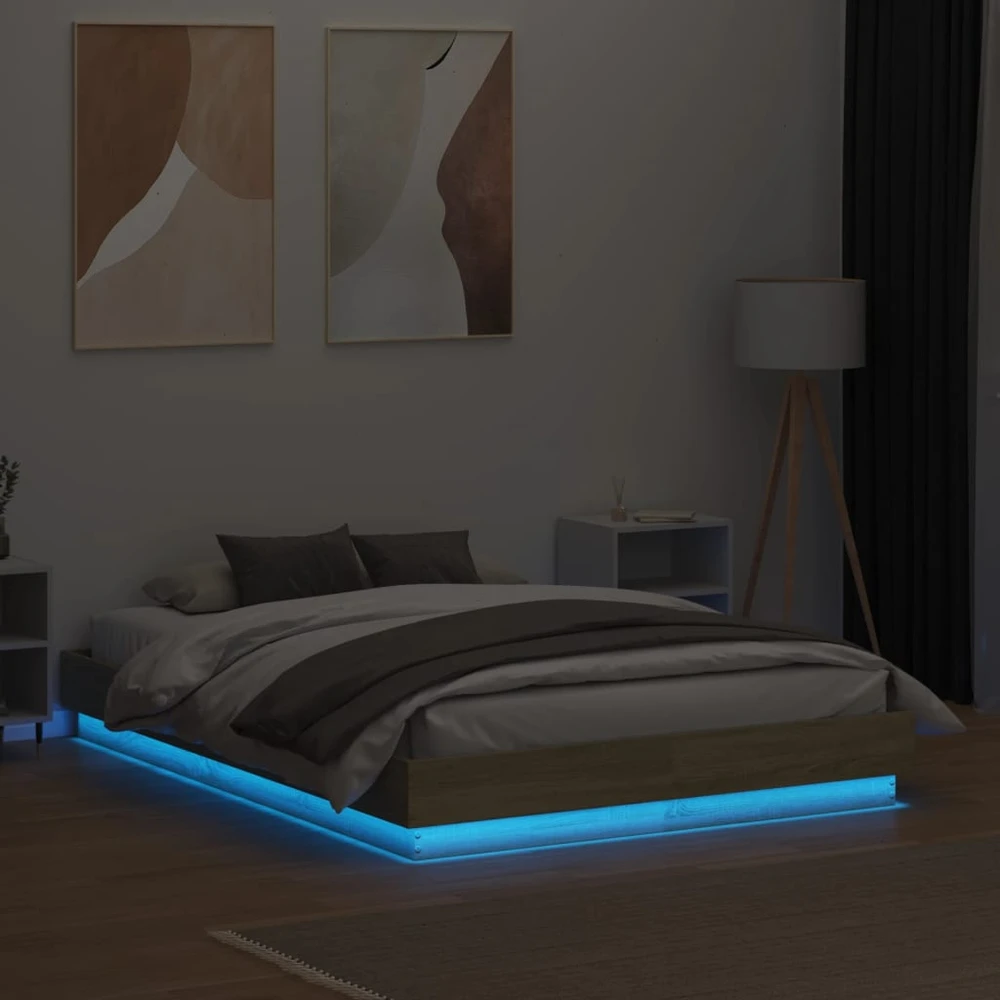 Lova Lovos rėmas su LED lemputėmis, sonoma ąžuolo spalvos, 135x190cm
