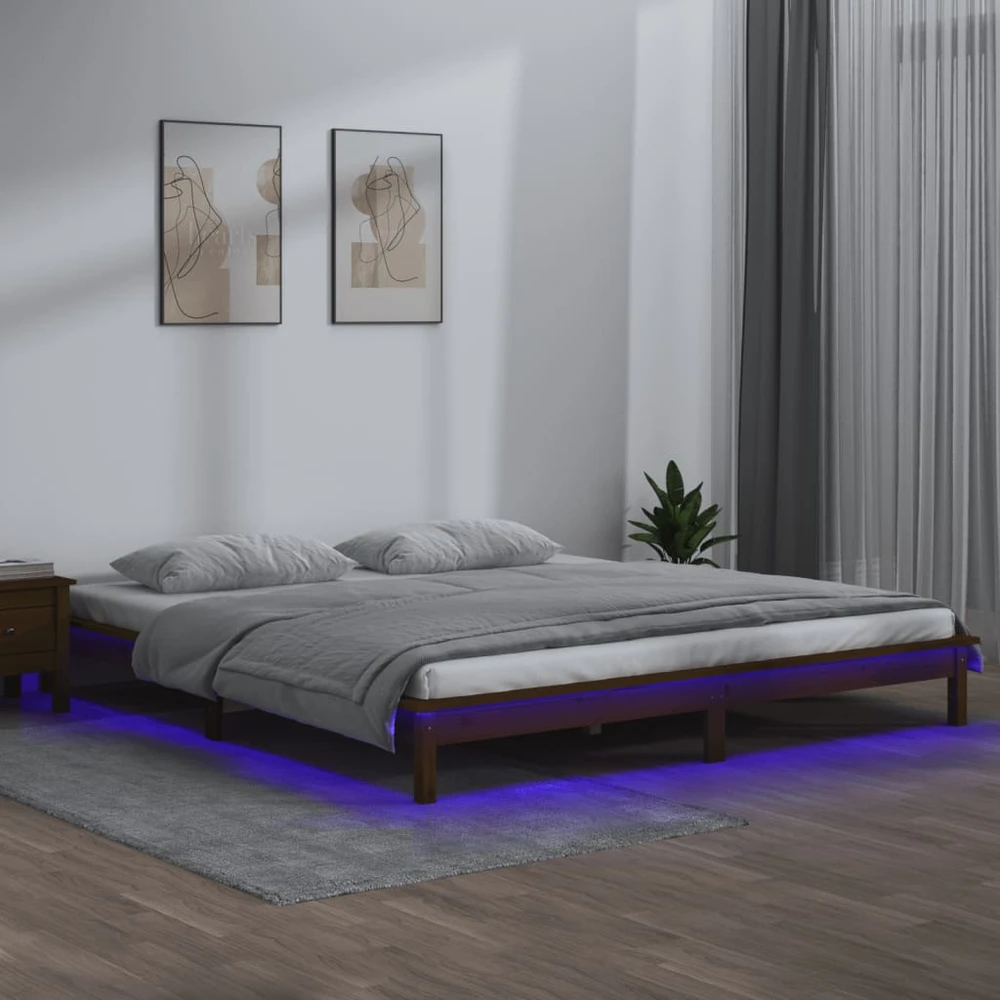 Lovos rėmas su LED, medaus rudas, 120x190cm, mediena, dvivietis