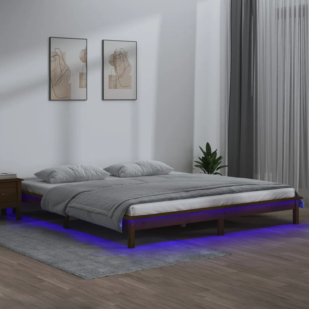 Lovos rėmas su LED, medaus rudas, 140x200cm, medienos masyvas
