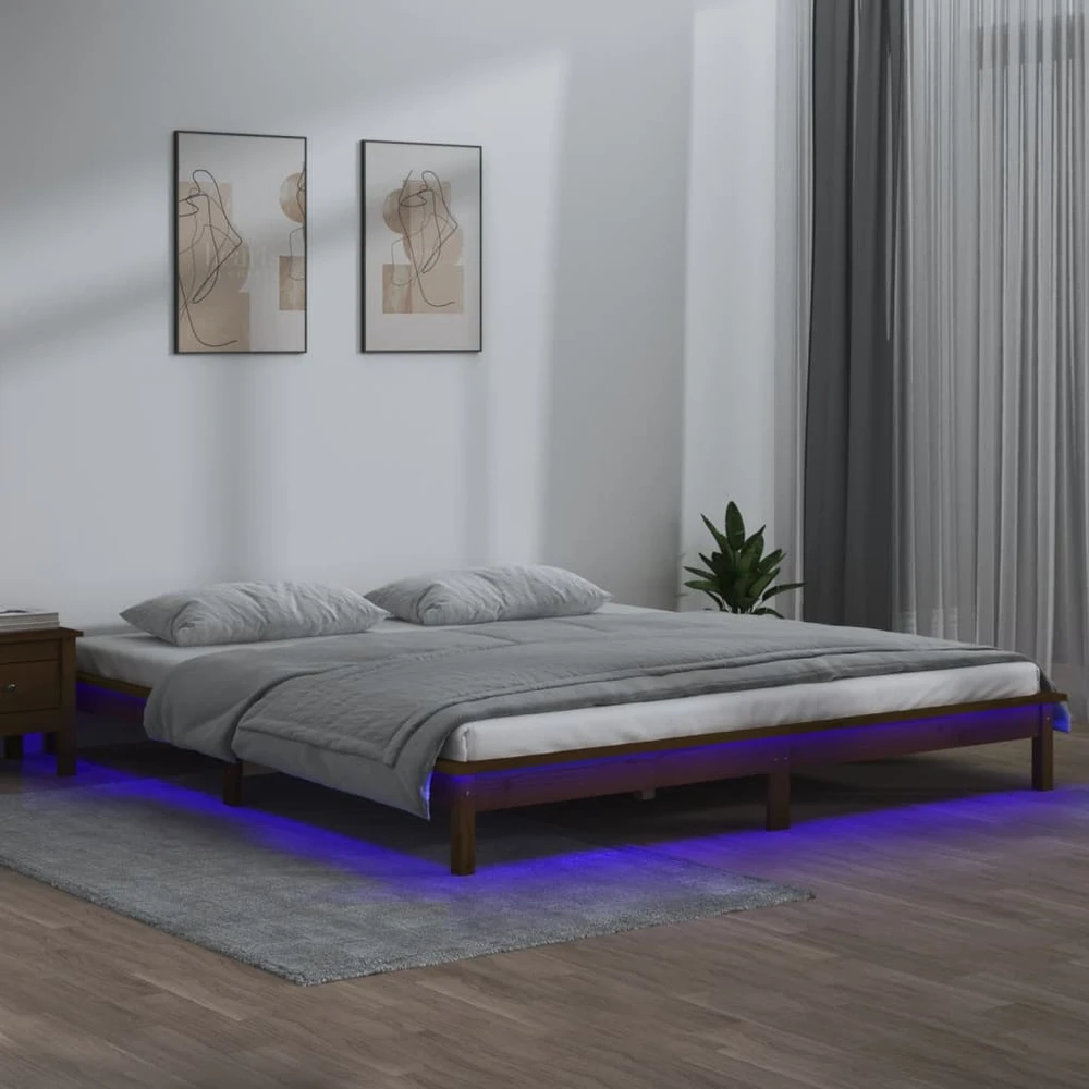Lovos rėmas su LED, medaus rudas, 200x200cm, medienos masyvas