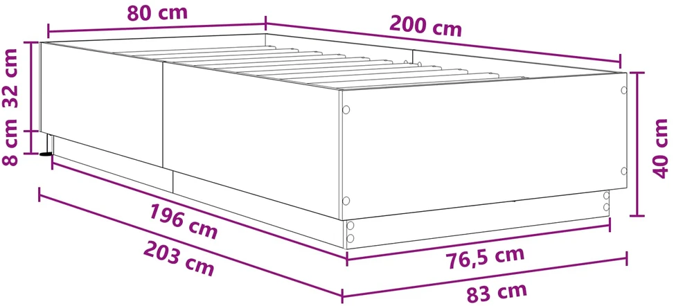 Lova Lovos rėmas su LED Pilka Sonoma 80 x 200 cm Apdirbta mediena