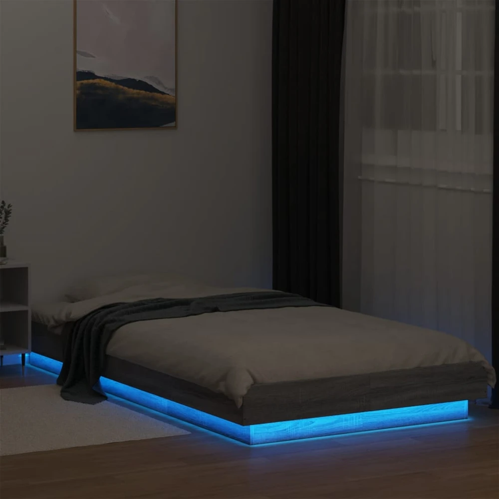 Lovos rėmas su LED, pilkas ąžuolo, 90x200cm, apdirbta mediena