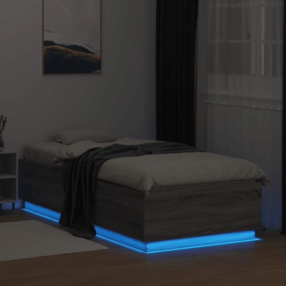 Lovos rėmas su LED, pilkas ąžuolo, 90x200cm, apdirbta mediena