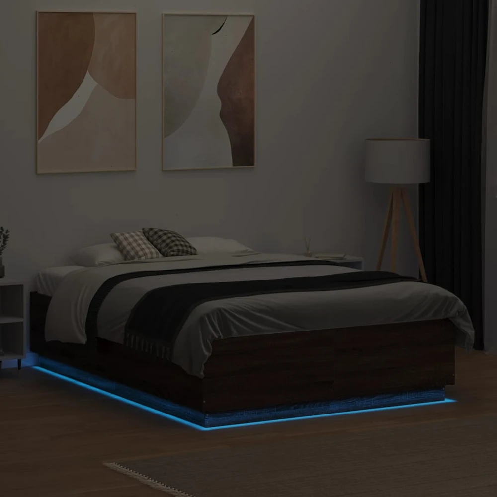 Lova Lovos rėmas su LED, rudas ąžuolo, 135x190cm, apdirbta mediena