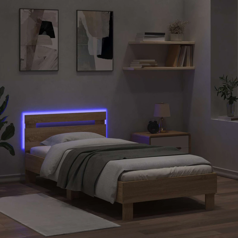 Lova Lovos rėmas su LED juostelėmis Sonoma ąžuolas Apdirbta mediena