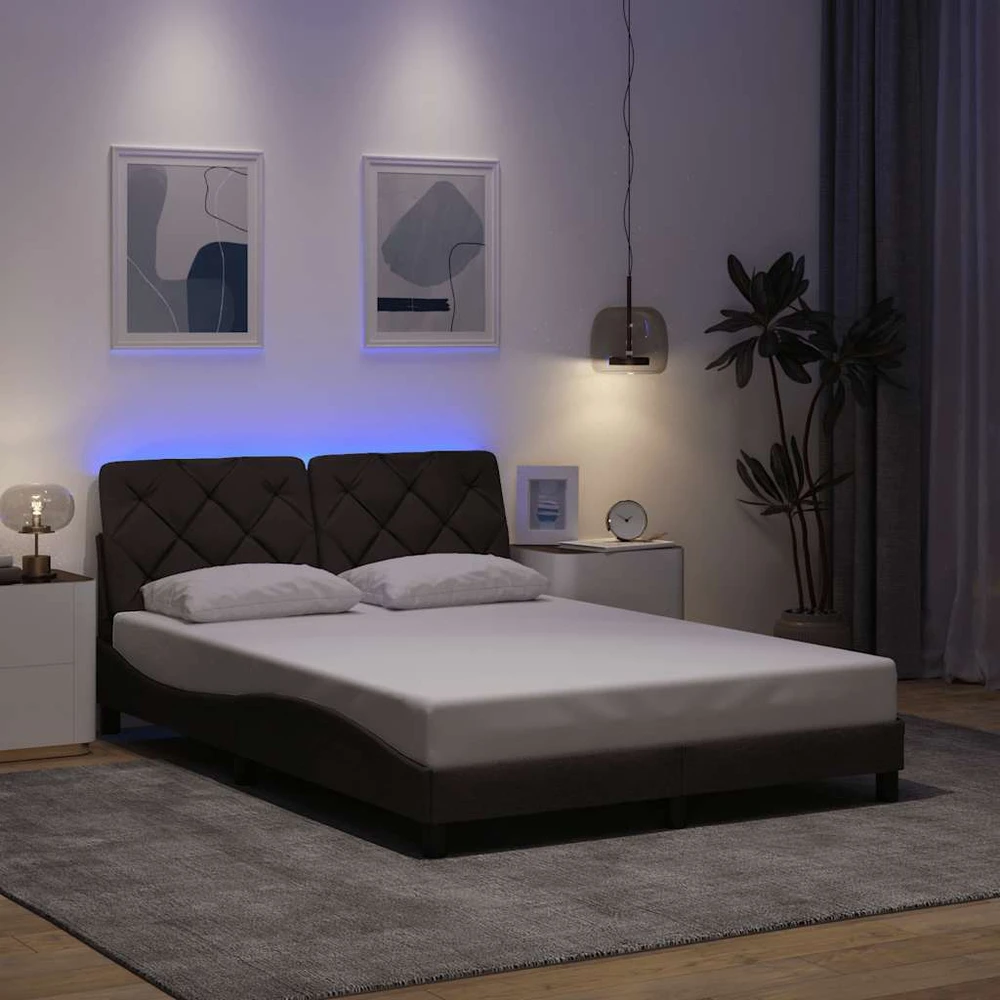 Lovos rėmas su LED šviesa, be čiužinio, tamsiai rudas, 140x190 cm, audinys
