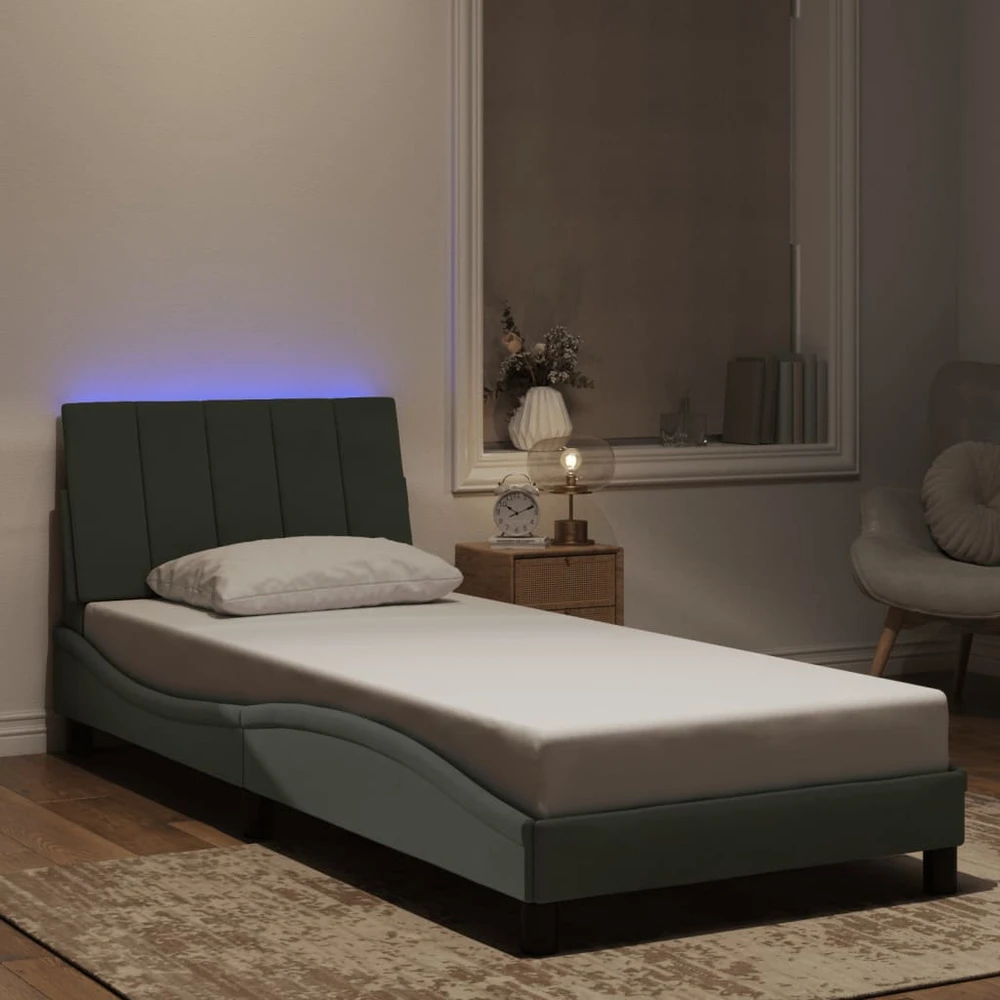 Lovos rėmas su LED, šviesiai pilkas, 90x200cm, aksomas